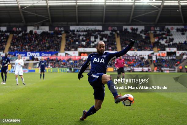 Lucas Moura of Tottenham Hotspur during the Emirates FA Cup Quarter Final match between Swansea City and Tottenham Hotspur at Liberty Stadium on...