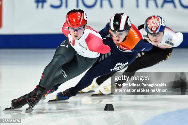 Kim Boutin of Canada competes in the women's 1500 meter semifinals during the World Short Track Speed Skating Championships at Maurice Richard Arena...