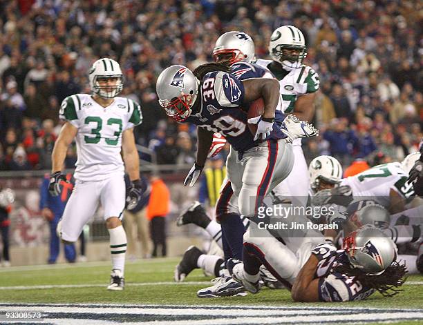 Laurence Maroney of the New England Patriots scores a touchdown in the fourth quarter during a game against the New York Jets at Gillette Stadium on...