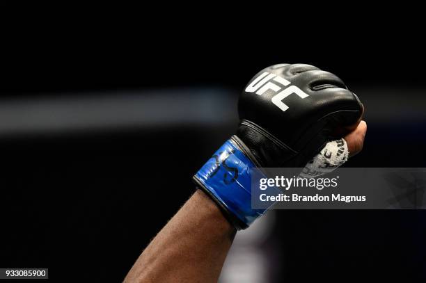 Detail shot of Hakeem Dawodu's glove prior to him facing Danny Henry of Scotland in their featherweight bout inside The O2 Arena on March 17, 2018 in...
