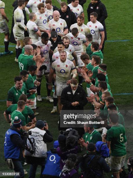 England captain Dylan Hartley leads the team off at the end of the NatWest Six Nations match between England and Ireland at Twickenham Stadium on...
