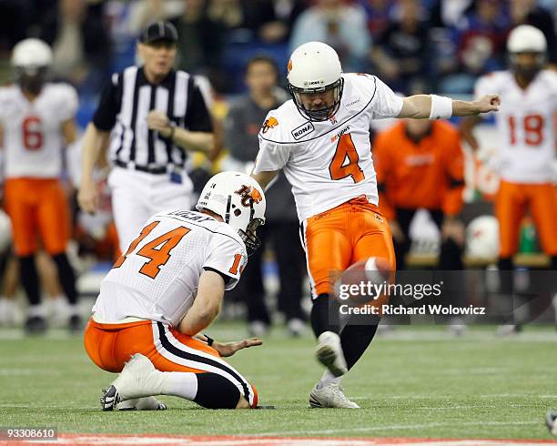 Paul McCallum of the B.C Lions kicks a field goal during the Eastern Finals against the Montreal Alouettes at Olympic Stadium on November 22, 2009 in...