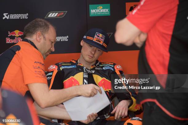 Bradley Smith of Great Britain and Red Bull KTM Factory Racing looks on in box during the MotoGP of Qatar - Qualifying at Losail Circuit on March 17,...