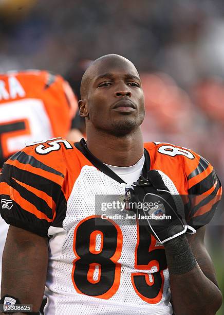 Chad Ochocinco of the Cincinnati Bengals looks against the Oakland Raiders during an NFL game at Oakland-Alameda County Coliseum on November 22, 2009...