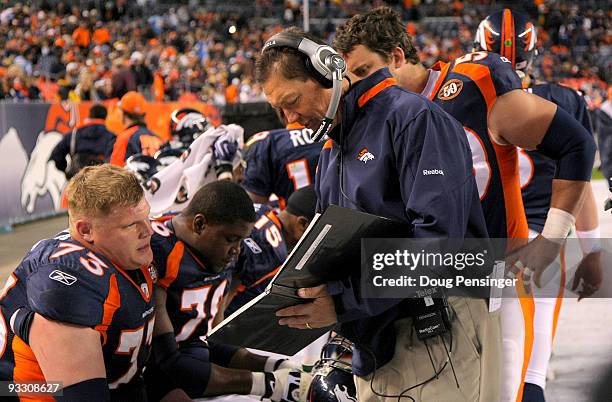 Offensive line coach Rick Dennison of the Denver Broncos talks with offensive guard Chris Kuper of the Broncos as they face the San Diego Chargers...