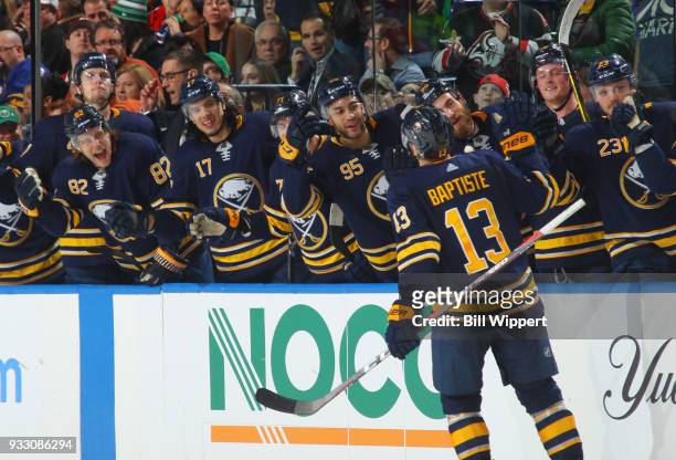 Nicholas Baptiste of the Buffalo Sabres celebrates his game-winning third period goal against the Chicago Blackhawks during an NHL game on March 17,...
