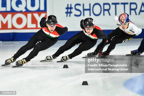 Shaolin Sandor Liu of Hungary takes the lead over his teammate Shaoang Liu of Hungary in the men's 1500 meter semifinals during the World Short Track...