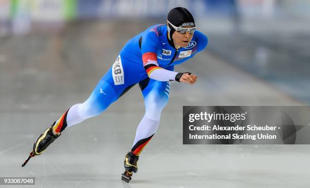 Claudia Pechstein of Germany competes in the Ladies 3000m Final during the ISU World Cup Speed Skating Final at Speed Skating Arena on March 17, 2018...