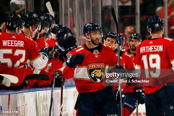 Vincent Trocheck of the Florida Panthers celebrates his goal with teammates during the second period against the Edmonton Oilers at the BB&T Center...