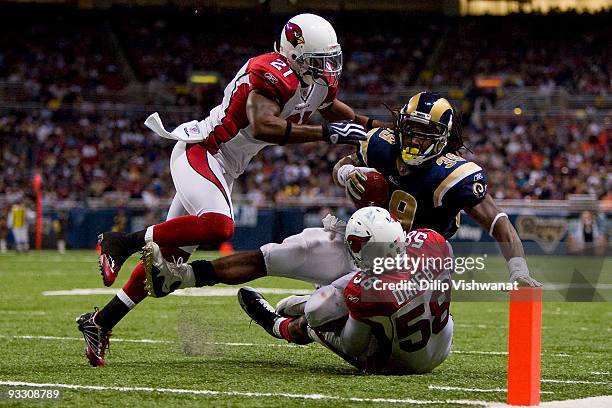 Antrel Rolle and Karlos Dansby both of the Arizona Cardinals tackle Steven Jackson of the St. Louis Rams at the Edward Jones Dome on November 22,...