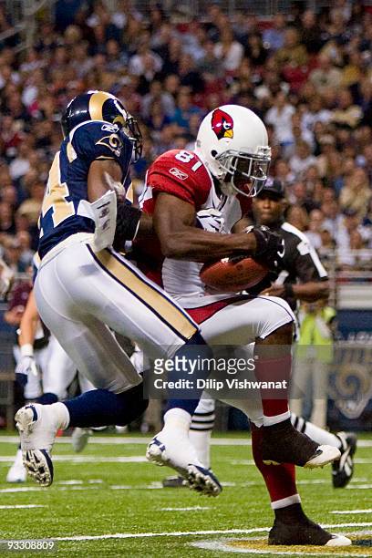 Anquan Boldin of the Arizona Cardinals scores a touchdown against the St. Louis Rams at the Edward Jones Dome on November 22, 2009 in St. Louis,...