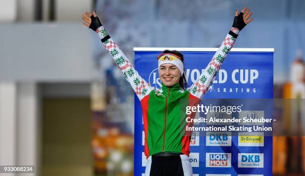 Marina Zueva of Belarus celebrates winning second place in the Ladies 3000m Final during the ISU World Cup Speed Skating Final at Speed Skating Arena...