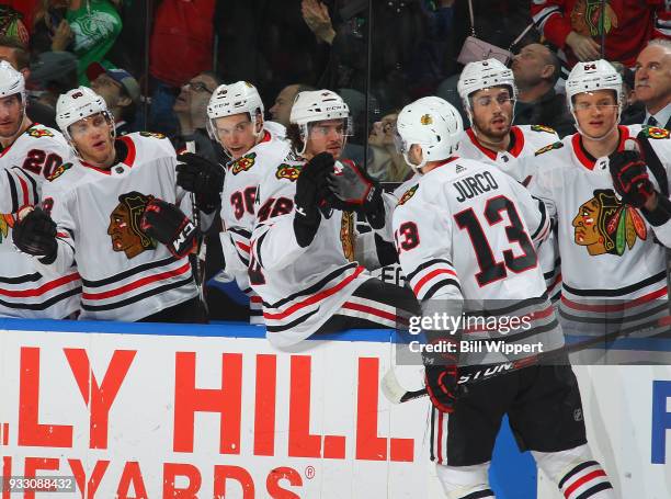 Tomas Jurco of the Chicago Blackhawks celebrates his second period goal against the Buffalo Sabres during an NHL game on March 17, 2018 at KeyBank...