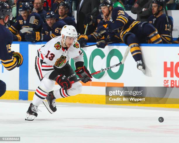 Tomas Jurco of the Chicago Blackhawks chases the puck against the Buffalo Sabres during an NHL game on March 17, 2018 at KeyBank Center in Buffalo,...