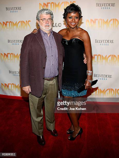 Director George Lucas and Mellody Hobson attend the opening night of "Dreamgirls" at The Apollo Theater on November 22, 2009 in New York, New York.
