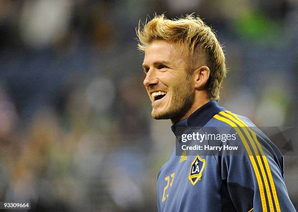 David Beckham of the Los Angeles Galaxy warms up prior to the MLS Cup final at Qwest Field on November 22, 2009 in Seattle, Washington.