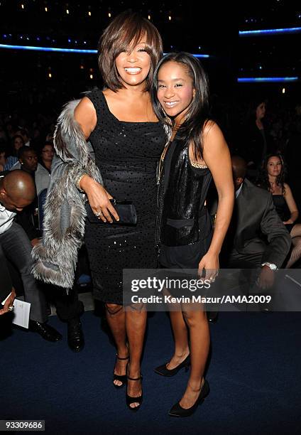 Whitney Houston and Bobbi Kristina Brown at the 2009 American Music Awards at Nokia Theatre L.A. Live on November 22, 2009 in Los Angeles, California.