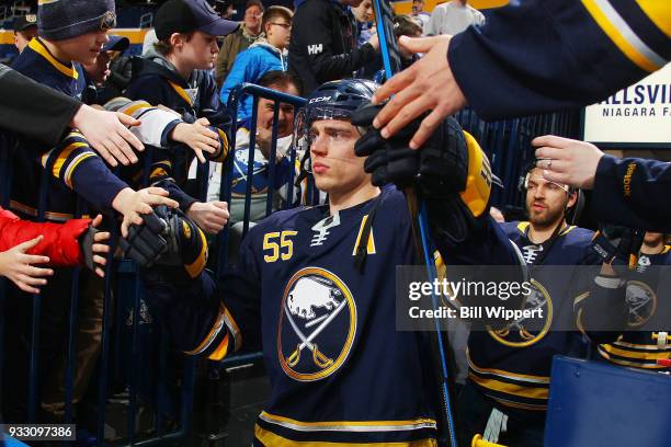 Rasmus Ristolainen of the Buffalo Sabres heads to the ice before an NHL game against the Vegas Golden Knights on March 10, 2018 at KeyBank Center in...