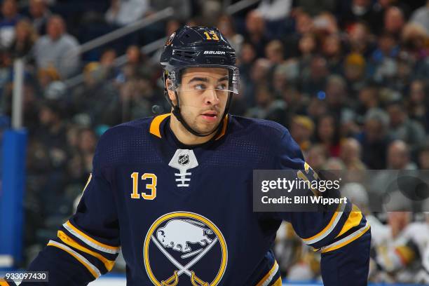 Nicholas Baptiste of the Buffalo Sabres skates during an NHL game against the Vegas Golden Knights on March 10, 2018 at KeyBank Center in Buffalo,...