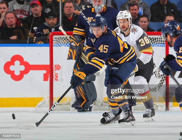 Brendan Guhle of the Buffalo Sabres skates during an NHL game against the Vegas Golden Knights on March 10, 2018 at KeyBank Center in Buffalo, New...