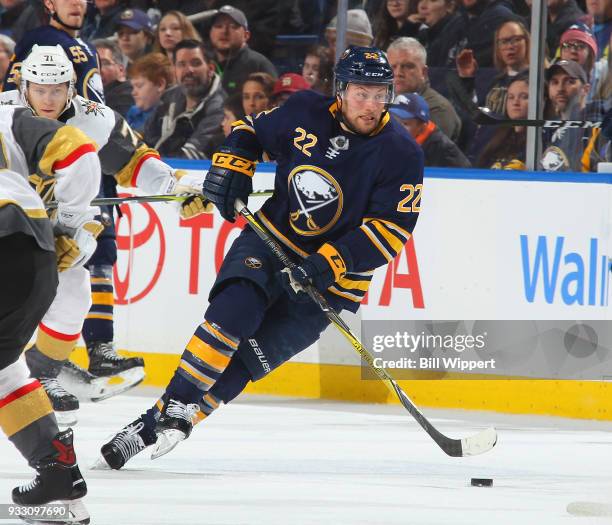 Johan Larsson of the Buffalo Sabres skates during an NHL game against the Vegas Golden Knights on March 10, 2018 at KeyBank Center in Buffalo, New...