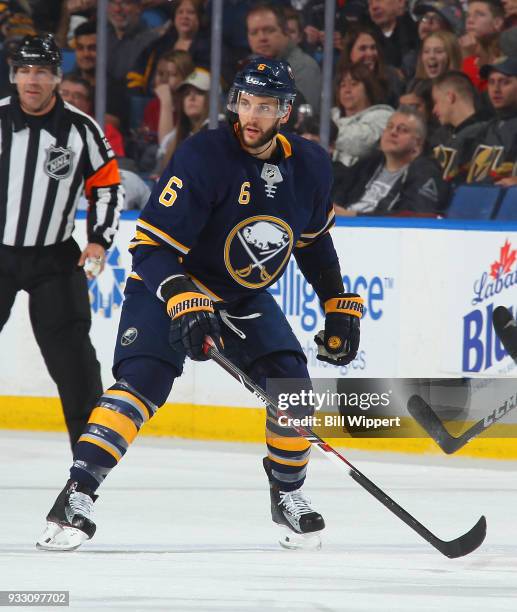 Marco Scandella of the Buffalo Sabres skates during an NHL game against the Vegas Golden Knights on March 10, 2018 at KeyBank Center in Buffalo, New...