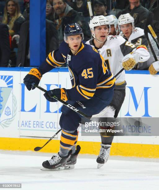 Brendan Guhle of the Buffalo Sabres skates during an NHL game against the Vegas Golden Knights on March 10, 2018 at KeyBank Center in Buffalo, New...