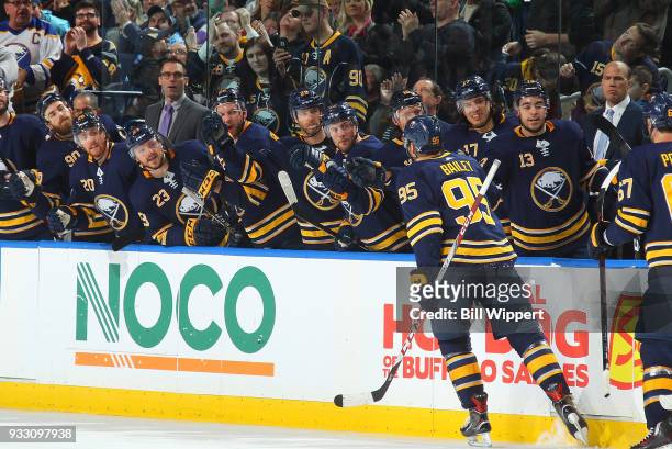 Justin Bailey of the Buffalo Sabres celebrates his goal during an NHL game against the Vegas Golden Knights on March 10, 2018 at KeyBank Center in...