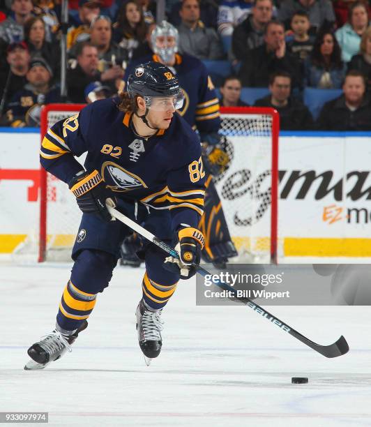 Nathan Beaulieu of the Buffalo Sabres skates during an NHL game against the Vegas Golden Knights on March 10, 2018 at KeyBank Center in Buffalo, New...