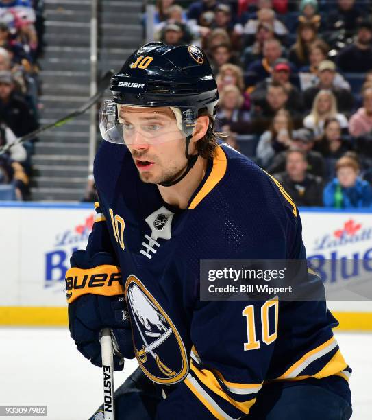 Jacob Josefson of the Buffalo Sabres skates during an NHL game against the Vegas Golden Knights on March 10, 2018 at KeyBank Center in Buffalo, New...