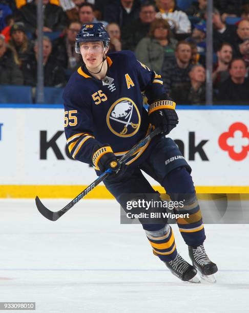 Rasmus Ristolainen of the Buffalo Sabres skates during an NHL game against the Vegas Golden Knights on March 10, 2018 at KeyBank Center in Buffalo,...