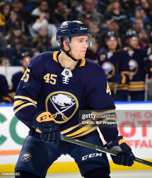 Brendan Guhle of the Buffalo Sabres skates during an NHL game against the Vegas Golden Knights on March 10, 2018 at KeyBank Center in Buffalo, New...