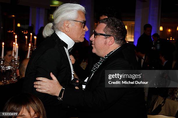 Karl Lagerfeld and Alber Elbaz attend the OTM Association dinner hosted by Babeth Djian and Pierre Pelegry, to raise funds for the children of Rwanda...