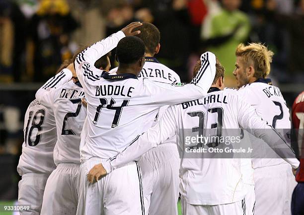 The Los Angeles Galaxy celebrate a Mike Magee goal in the first half against Real Salt Lake during the MLS Cup final at Qwest Field on November 22,...