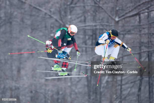 Marielle Thompson from Canada,Talina Gantenbein of Switzerland and Lisa Andersson of Sweden during the preliminary round of the Freestyle...