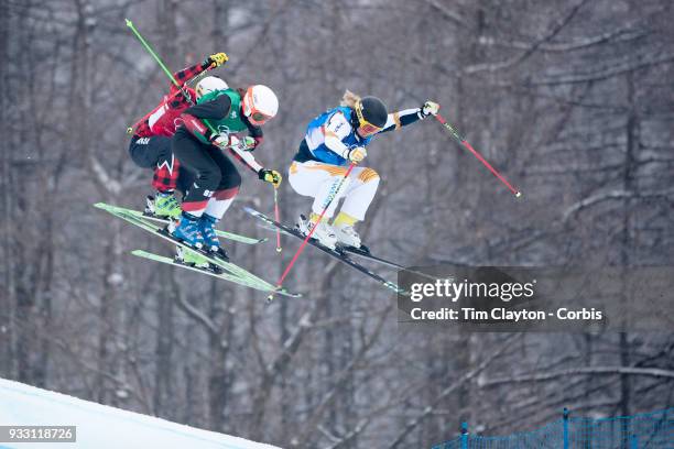 Marielle Thompson from Canada,Talina Gantenbein of Switzerland and Lisa Andersson of Sweden during the preliminary round of the Freestyle...