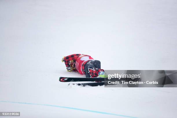 Marielle Thompson from Canada after falling during preliminary rounds of the Freestyle Skiing-Ladies' Ski Cross competition at Phoenix Snow Park on...