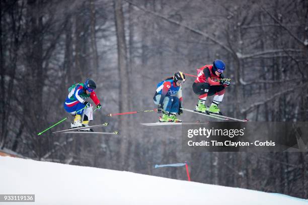 Fanny Smith of Switzerland, Reina Umehara of Japan and Marielle Berger-Sabbatel of France in action during preliminary rounds of the Freestyle...