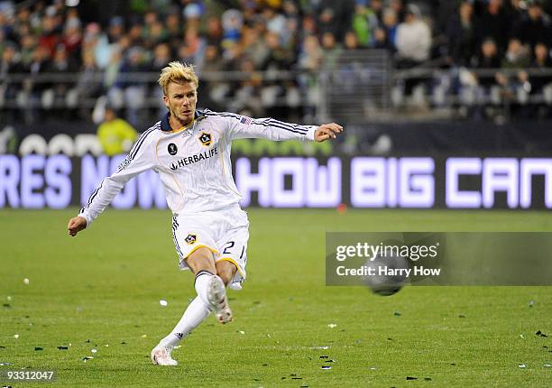 David Beckham of Los Angeles Galaxy takes a free kick during the MLS Cup final against Real Salt Lake at Qwest Field on November 22, 2009 in Seattle,...