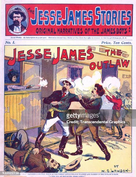 The cover of the premire issue of the Jesse James Stories dime novel featured an illustration of shootout during a train robbery, August 15, 1902. It...