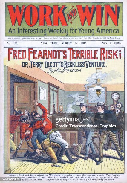The cover of an issue of the Work and Win dime novel features a story entitled 'Fred Fearnot's Terrible Risk, or Terry Olcott's Reckless Venture' ,...