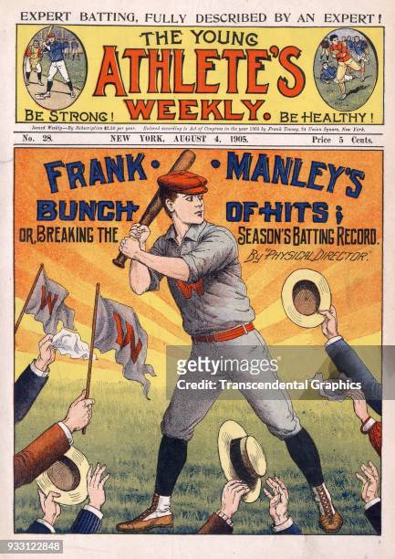 The cover of an issue of the Young Athlete's Weekly dime novel features a story entitled 'Frank Manley's Bunch of Hits, or Breaking the Season's...