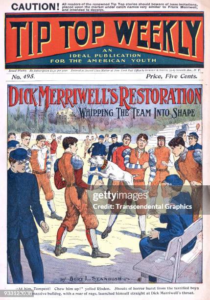 The cover of an issue of the Tip Top Weekly features a story entitled 'Dick Merriwell's Restoration, or Whipping the Team Into Shape' . It is...