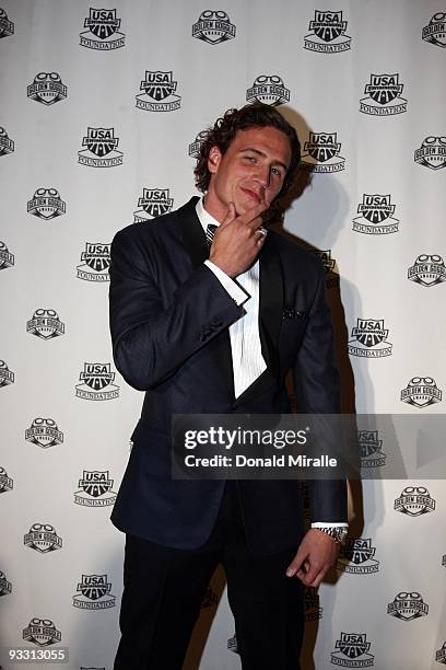 Swimmer Ryan Lochte poses for photos on the red carpet during the 2009 USA Swimming Foundation Golden Goggles Awards on November 22, 2009 at the...