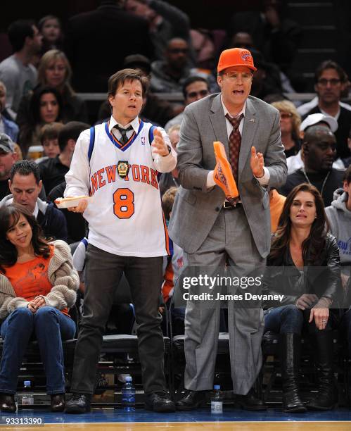 Rosie Perez, Mark Wahlberg, Will Ferrell and Brooke Shields on location for "The Other Guys" at the Boston Celtics game against the New York Knicks...