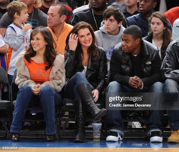 Rosie Perez, Brooke Shields and Tracy Morgan attend the Boston Celtics game against the New York Knicks at Madison Square Garden on November 22, 2009...