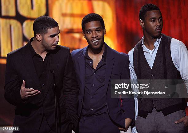 Rappers Drake , Kid Cudi and Jeremih speak onstage at the 2009 American Music Awards at Nokia Theatre L.A. Live on November 22, 2009 in Los Angeles,...