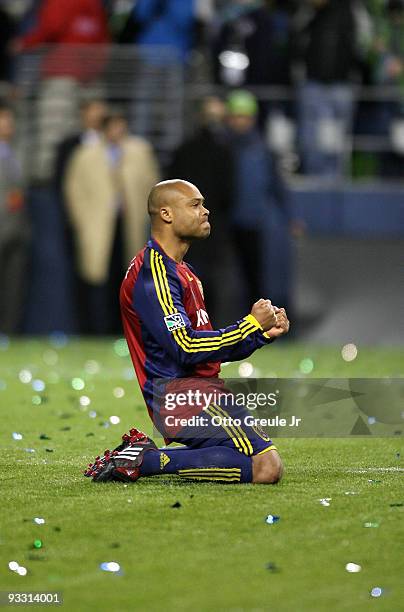 Robbie Russell of Real Salt Lake reacts after scoring the game winning goal in the penalty shootout against the Los Angeles Galaxy during the MLS Cup...