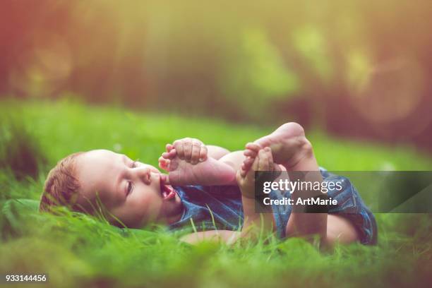 cute baby playing with his legs on the grass - feet sucking stock pictures, royalty-free photos & images