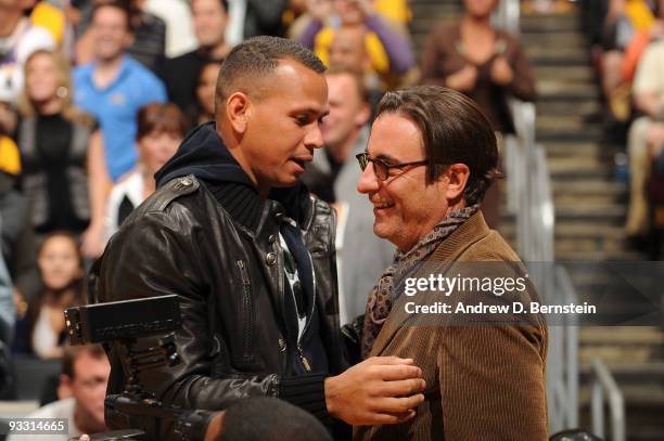 New York Yankees player Alex Rodriguez and Actor Andy Garcia attend a game between the Oklahoma City Thunder and the Los Angeles Lakers at Staples...